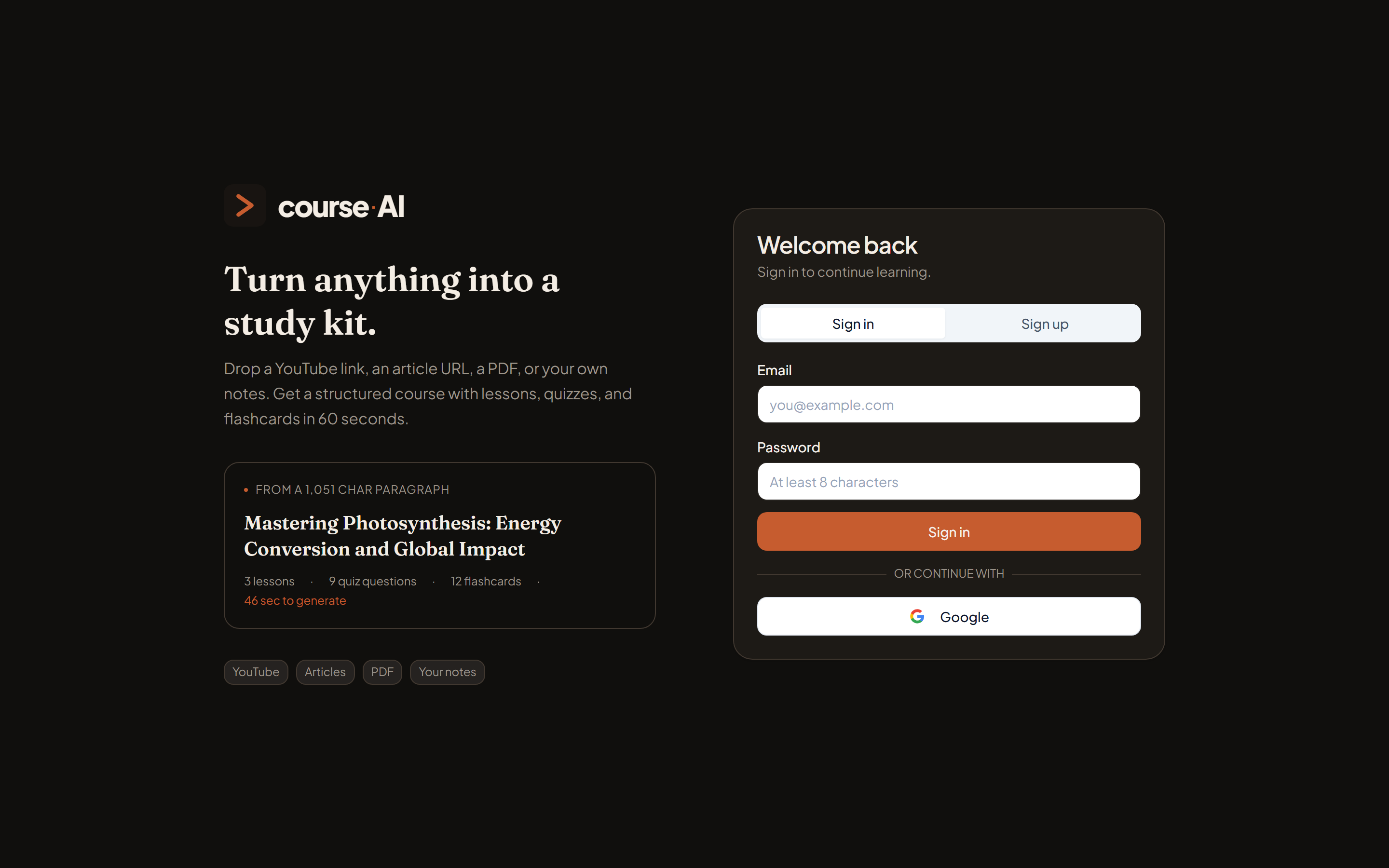 Sign-in — split layout with sample course teaser
